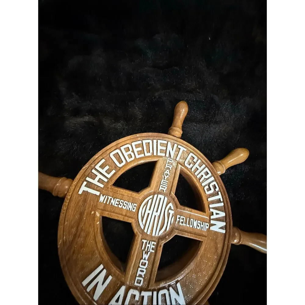 Vintage Wooden The Obedient Christian Wheel Wall Art 1970s Ships Wheel